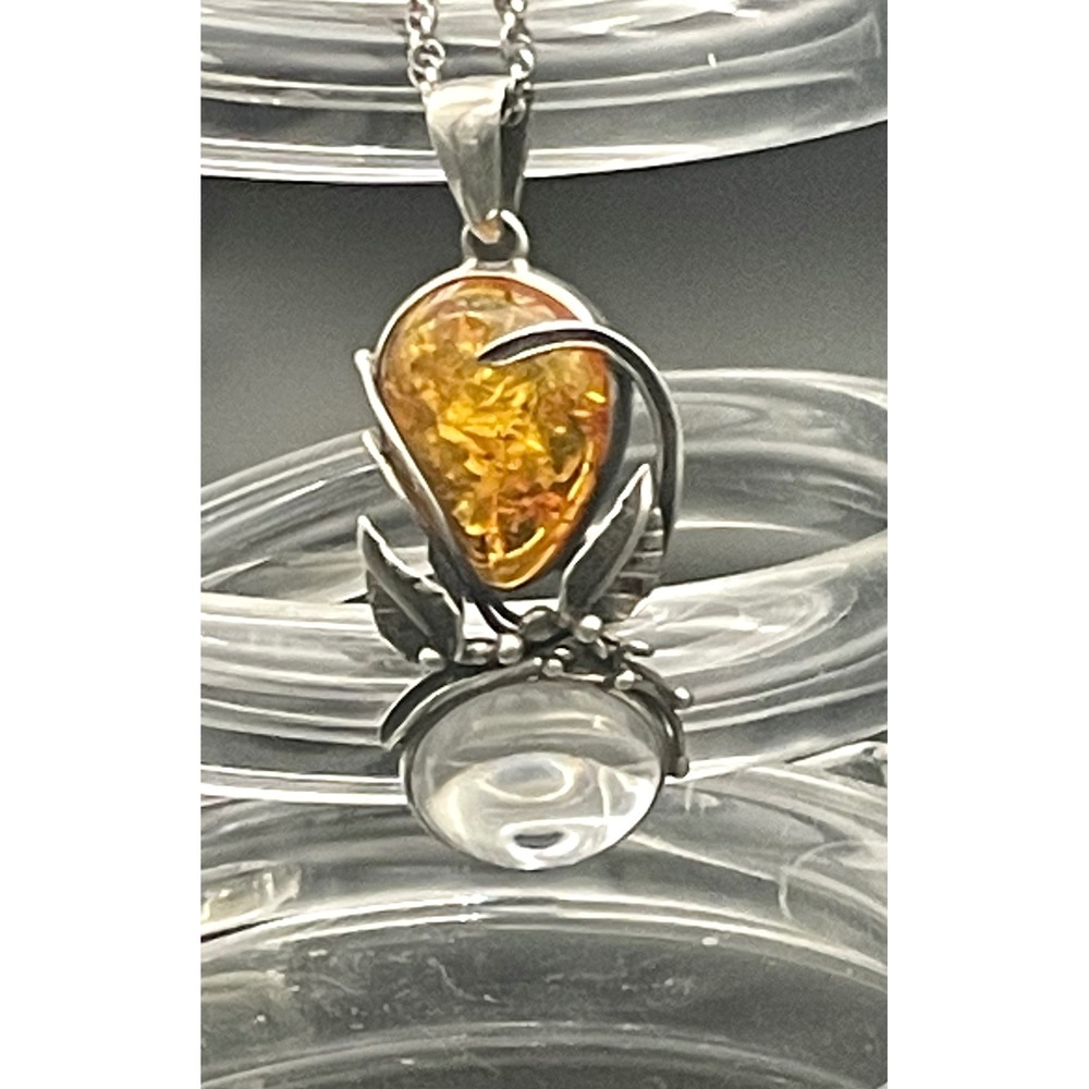 Vintage Artisan Sterling Silver Amber Pendant - Modernist Botanical Design